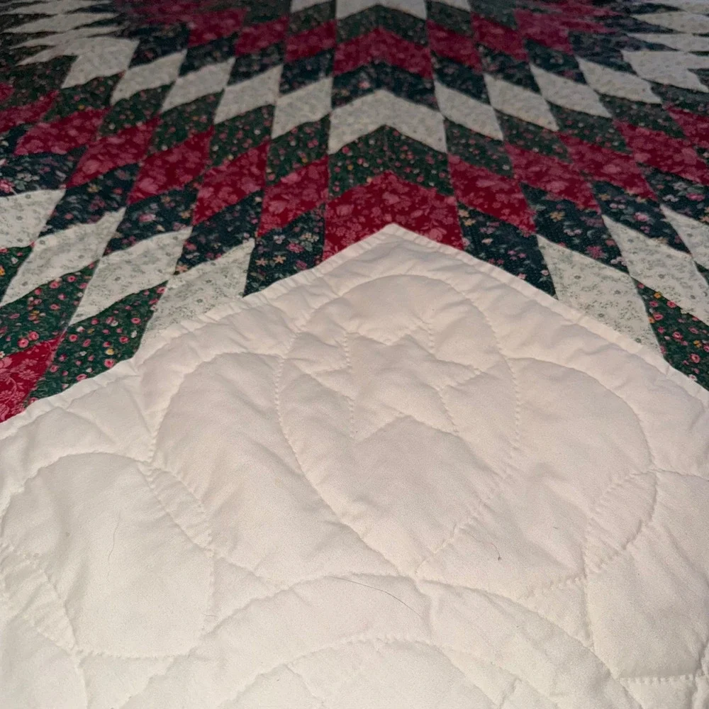 Handmade Lone Star Quilt Full Queen Burgundy Green Floral Patchwork Excellent